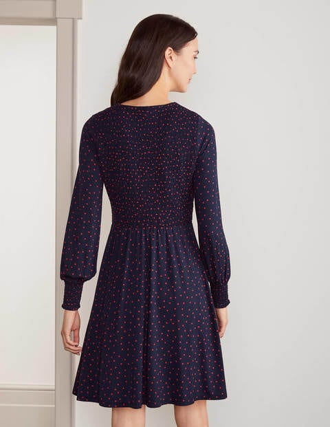 Lena Smocked Jersey Dress - Navy/Poinsettia, Polka Dot Lena Smocked Jersey Dress - Navy/Poinsettia, Polka Dot