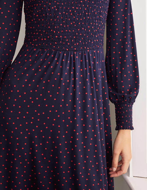 Lena Smocked Jersey Dress - Navy/Poinsettia, Polka Dot Lena Smocked Jersey Dress - Navy/Poinsettia, Polka Dot