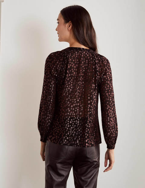 Kitty Smocked Neck Blouse - Black and Copper Clip Spot Kitty Smocked Neck Blouse - Black and Copper Clip Spot