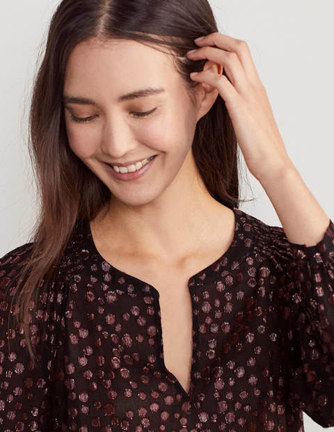Kitty Smocked Neck Blouse - Black and Copper Clip Spot Kitty Smocked Neck Blouse - Black and Copper Clip Spot