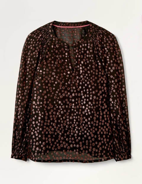 Kitty Smocked Neck Blouse - Black and Copper Clip Spot Kitty Smocked Neck Blouse - Black and Copper Clip Spot