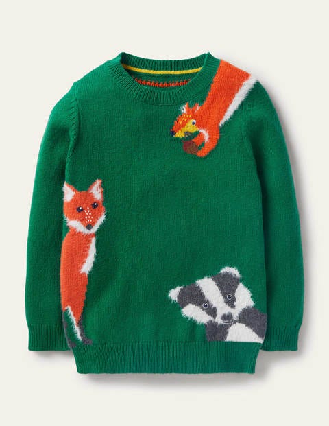 Graphic Crew Sweater - Forest Green Woodland Animals