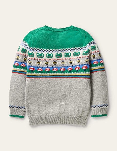 Fair-Isle-Pullover mit Rundhalsausschnitt - Grau Meliert/Paprikagrün, Frosch Fair-Isle-Pullover mit Rundhalsausschnitt - Grau Meliert/Paprikagrün, Frosch