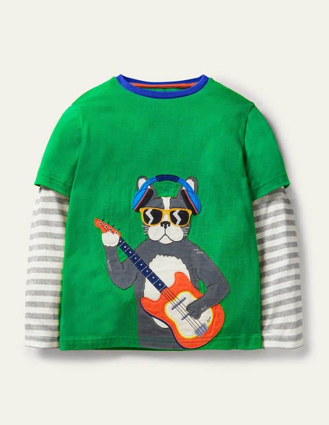 Lagen-T-shirt mit Musik-Applikation - Sattes Smaragdgrün, Mops Lagen-T-shirt mit Musik-Applikation - Sattes Smaragdgrün, Mops