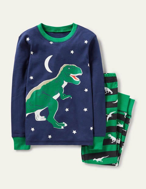 Pyjama phosphorescent douillet - Dinosaure bleu marine universitaire