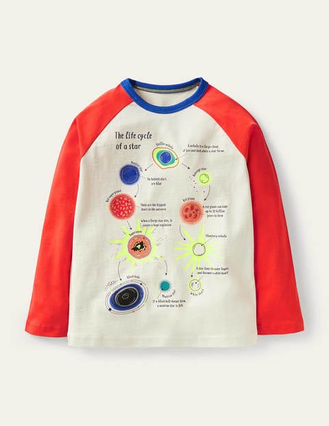 Raglan-Oberteil mit leuchtendem Weltallmotiv - Raketenrot/Naturweiß, Planeten Raglan-Oberteil mit leuchtendem Weltallmotiv - Raketenrot/Naturweiß, Planeten