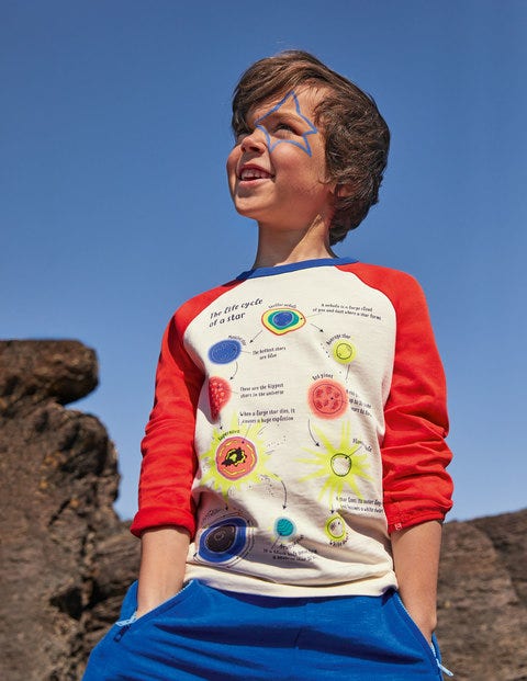 Raglan-Oberteil mit leuchtendem Weltallmotiv - Raketenrot/Naturweiß, Planeten Raglan-Oberteil mit leuchtendem Weltallmotiv - Raketenrot/Naturweiß, Planeten