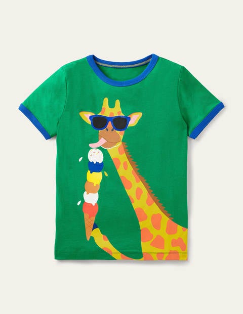 T-shirt à liseré et motif vacances - Girafe vert printemps T-shirt à liseré et motif vacances - Girafe vert printemps
