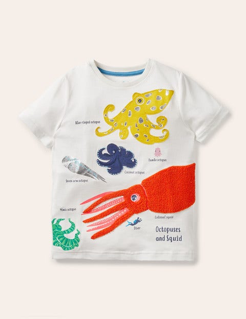 Multistruktur-T-Shirt mit Meerestierapplikation - Naturweiß, Oktopus Multistruktur-T-Shirt mit Meerestierapplikation - Naturweiß, Oktopus