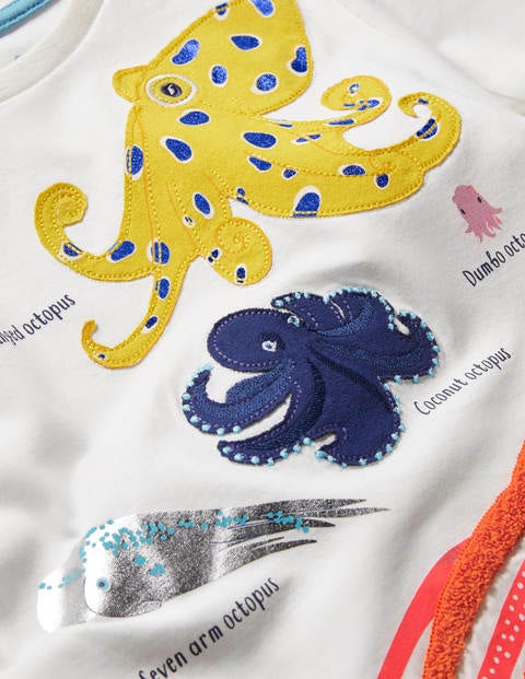 Multistruktur-T-Shirt mit Meerestierapplikation - Naturweiß, Oktopus Multistruktur-T-Shirt mit Meerestierapplikation - Naturweiß, Oktopus