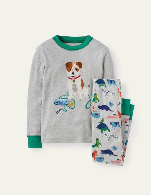 Appliqué Long John Pajamas - Grey Marl Playful Pets Appliqué Long John Pajamas - Grey Marl Playful Pets