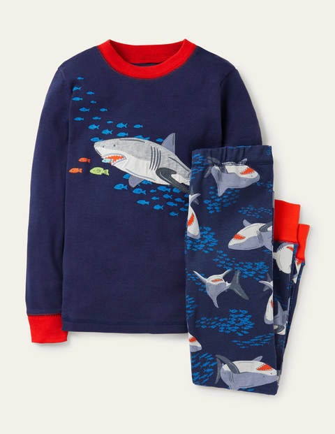 Appliqué Long John Pajamas - College Navy Feeding Sharks Appliqué Long John Pajamas - College Navy Feeding Sharks
