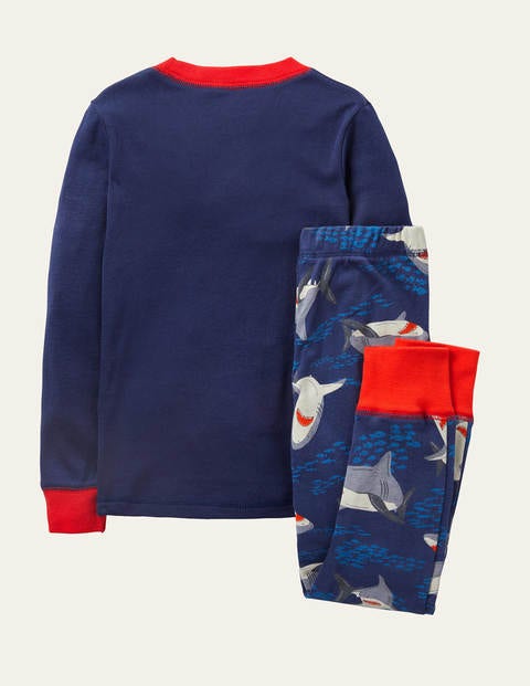 Appliqué Long John Pajamas - College Navy Feeding Sharks Appliqué Long John Pajamas - College Navy Feeding Sharks