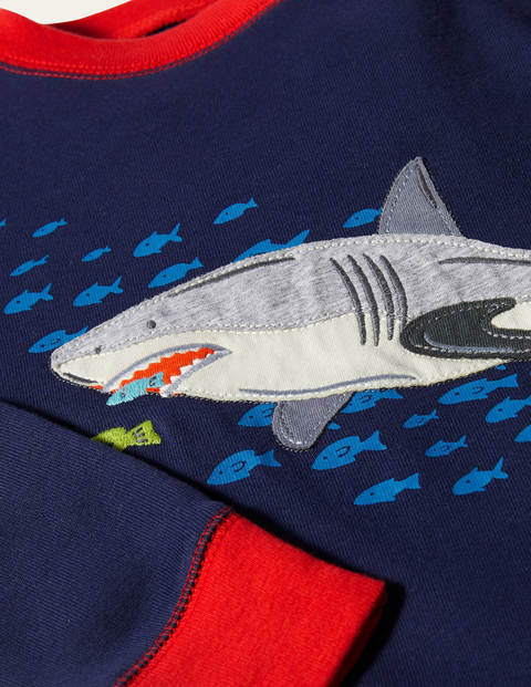 Appliqué Long John Pajamas - College Navy Feeding Sharks Appliqué Long John Pajamas - College Navy Feeding Sharks
