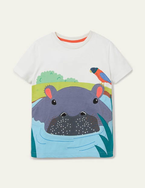 Wild Animal Appliqué T-shirt - Ivory Hippo Wild Animal Appliqué T-shirt - Ivory Hippo