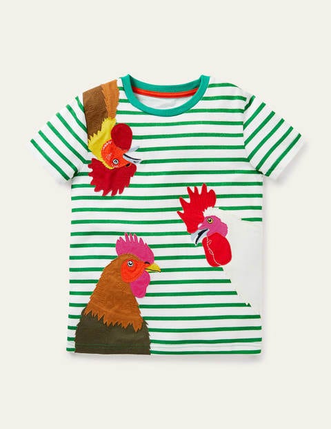 T-shirt rayé à appliqué animaux de compagnie - Poules vert printemps T-shirt rayé à appliqué animaux de compagnie - Poules vert printemps
