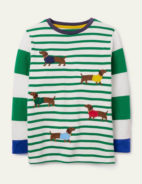 Appliqué Stripe T-shirt - Sapling Green Sausage Dogs Appliqué Stripe T-shirt - Sapling Green Sausage Dogs