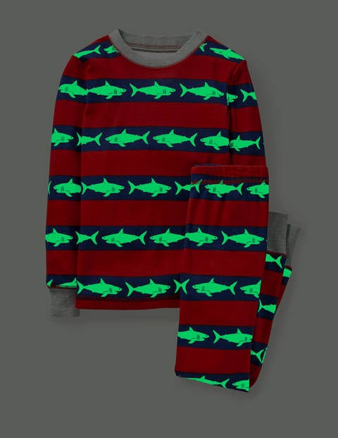 Im Dunkeln leuchtender langer Schlafanzug - Schuluniform-Navy/Rot, Hai Im Dunkeln leuchtender langer Schlafanzug - Schuluniform-Navy/Rot, Hai