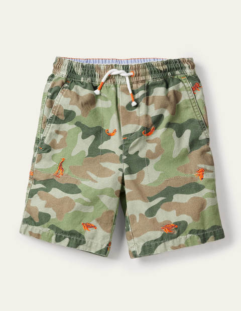 Pull-on Drawstring Shorts - Green Camouflage Animals