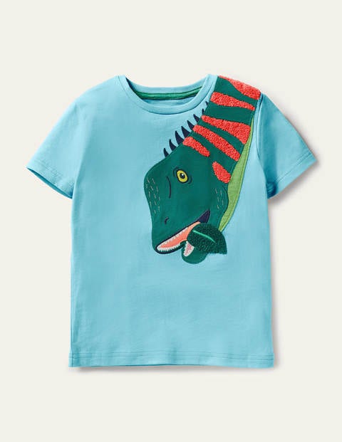 T-shirt éclatant à appliqué animal - Dinosaure bleu aigue-marine