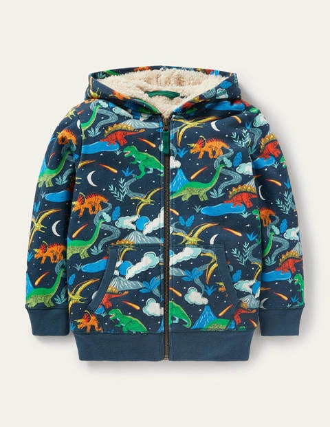 Shaggy-lined Zip-up Hoodie - Soot Grey Dinosaurs