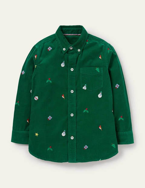 Besticktes Cord-Hemd - Waldgrün, Weihnachtliches Muster