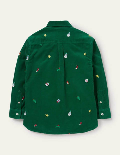 Besticktes Cord-Hemd - Waldgrün, Weihnachtliches Muster