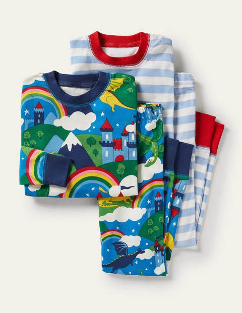 Schlafanzug im 2er-Pack mit anliegender Passform - Blau, Regenbögen/Drachen