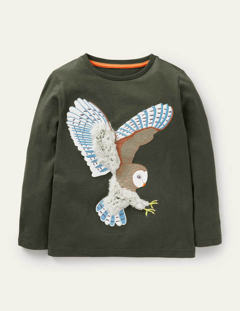 Forest Appliqué T-shirt - Khaki Green Owl