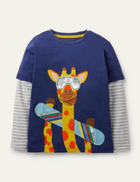 Winter Appliqué Animal T-shirt - Starboard Blue Giraffe