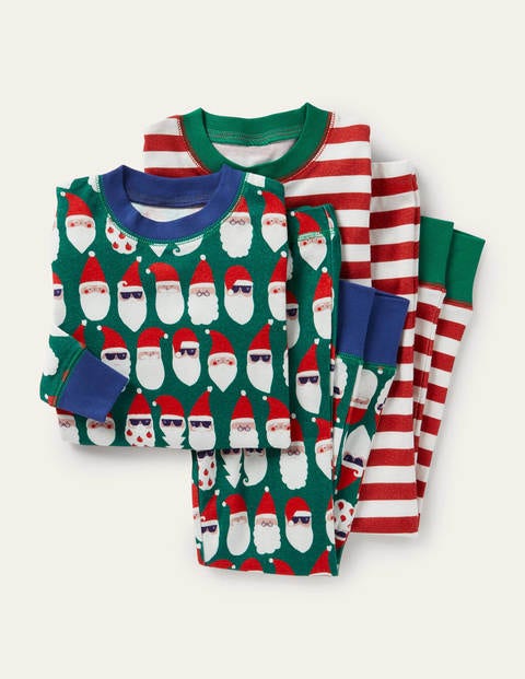 Schlafanzug im 2er-Pack mit anliegender Passform - Waldgrün, Weihnachtsmannköpfe