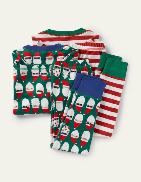 Twin Pack Snug Pyjamas - Forest Green Santa Heads Twin Pack Snug Pyjamas - Forest Green Santa Heads