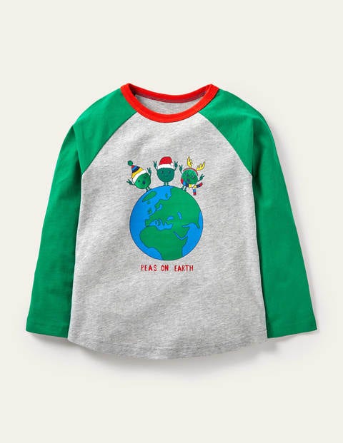 T-shirt manches raglan à jeu de mot festif - Gris chiné/Inscription Peas on Earth verte