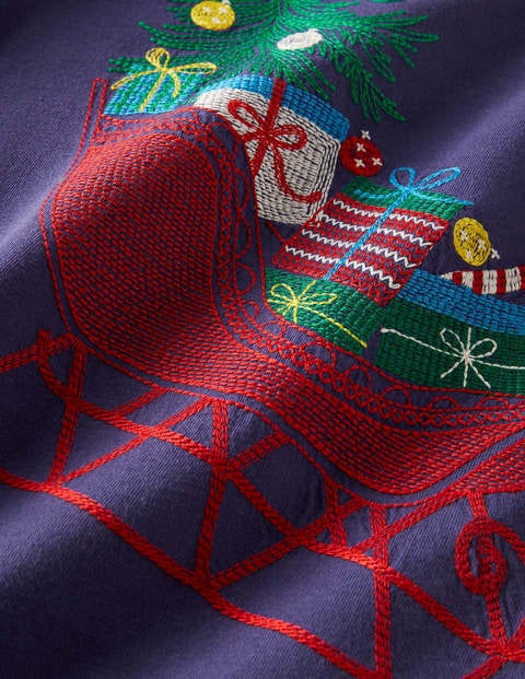 T-Shirt mit festlichem Superstitch - Segelblau, Schlitten T-Shirt mit festlichem Superstitch - Segelblau, Schlitten