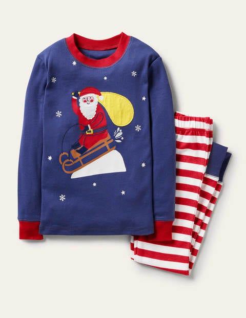 Anliegender langer Schlafanzug mit Applikation - Segelblau, Weihnachtsmann