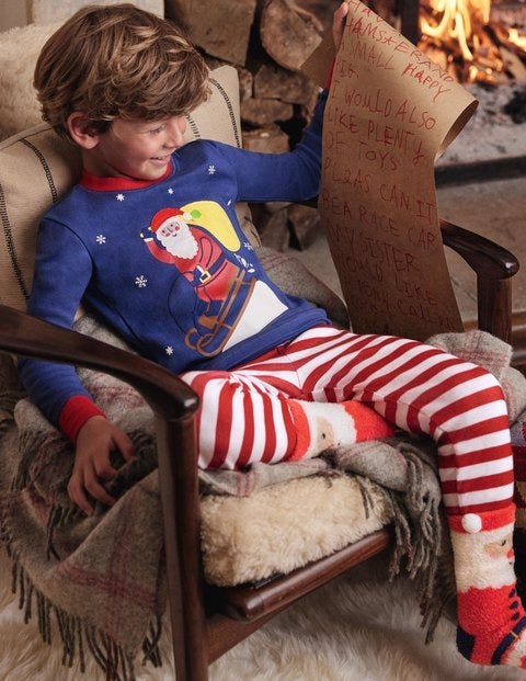 Cosy Appliqué Long  Pajamas - Starboard Blue Santa
