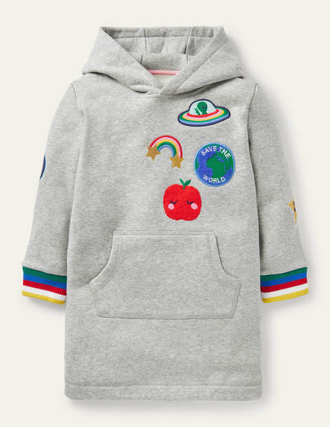 Cosy Hooded Sweatshirt Dress - Grey Marl Badges Cosy Hooded Sweatshirt Dress - Grey Marl Badges