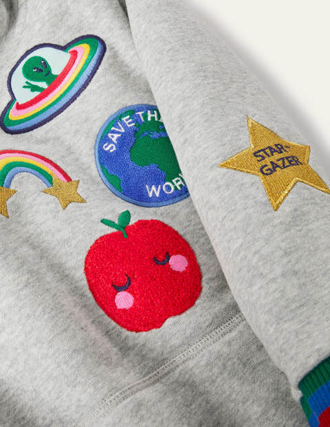 Cosy Hooded Sweatshirt Dress - Grey Marl Badges Cosy Hooded Sweatshirt Dress - Grey Marl Badges