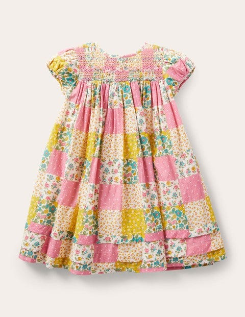 Smokkleid mit Puffärmeln - Bunt, Patchwork-Blumenmuster Smokkleid mit Puffärmeln - Bunt, Patchwork-Blumenmuster