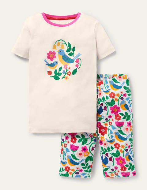 Snug Short John Pyjamas - Ivory Garden Birds Snug Short John Pyjamas - Ivory Garden Birds
