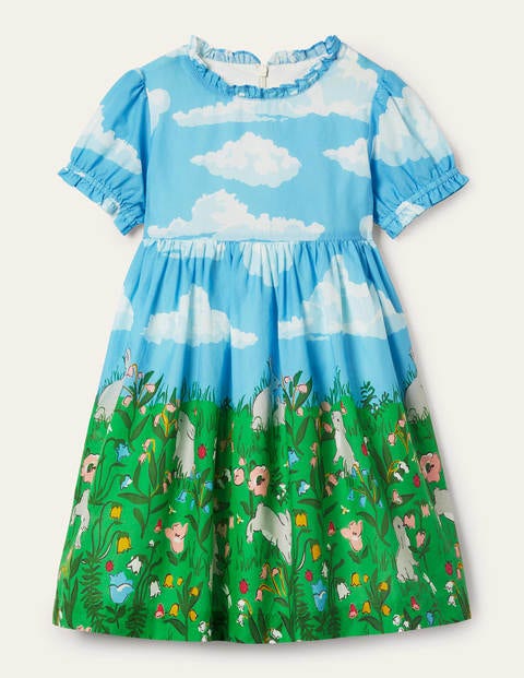 Frill Neck Woven Dress - Multi Bunny Scene Frill Neck Woven Dress - Multi Bunny Scene