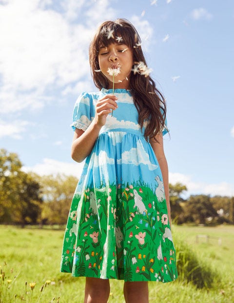 Frill Neck Woven Dress - Multi Bunny Scene Frill Neck Woven Dress - Multi Bunny Scene