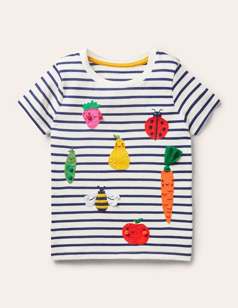 T-Shirt mit Applikation - Naturweiß/Segelblau, Früchte