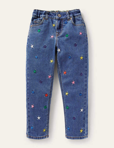 Girlfriend-Jeans - Mittleres Vintageblau, Gestickte Sterne Girlfriend-Jeans - Mittleres Vintageblau, Gestickte Sterne