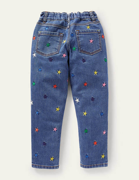 Girlfriend-Jeans - Mittleres Vintageblau, Gestickte Sterne Girlfriend-Jeans - Mittleres Vintageblau, Gestickte Sterne