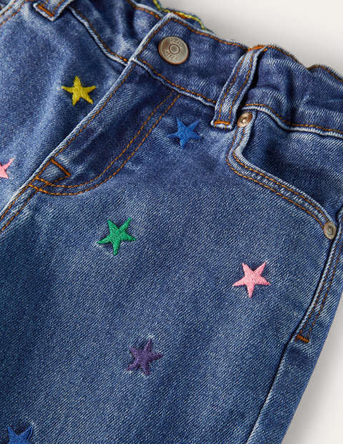 Girlfriend-Jeans - Mittleres Vintageblau, Gestickte Sterne Girlfriend-Jeans - Mittleres Vintageblau, Gestickte Sterne