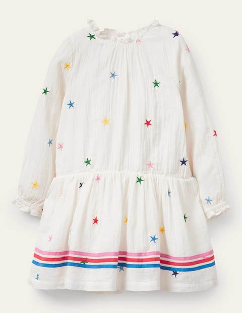 Embroidered Woven Dress - Ivory Stars Embroidered Woven Dress - Ivory Stars