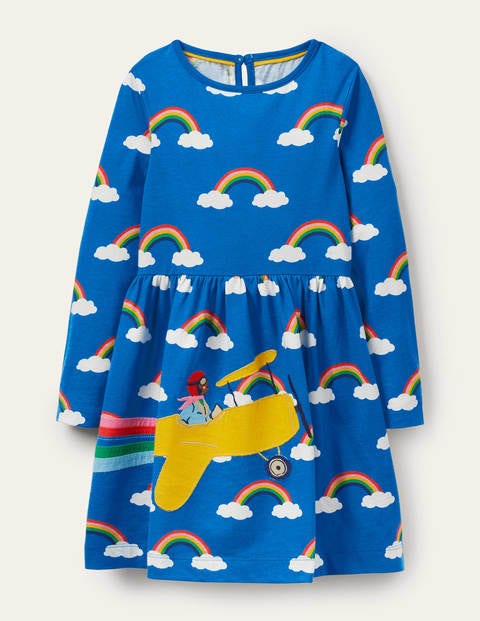 Fun Appliqué Dress - Moroccan Blue Rainbow Cloud