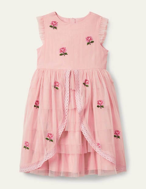 Tiered Tulle Embroidered Dress - Provence Dusty Pink Flowers Tiered Tulle Embroidered Dress - Provence Dusty Pink Flowers
