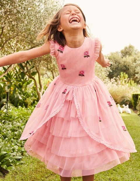 Tiered Tulle Embroidered Dress - Provence Dusty Pink Flowers Tiered Tulle Embroidered Dress - Provence Dusty Pink Flowers